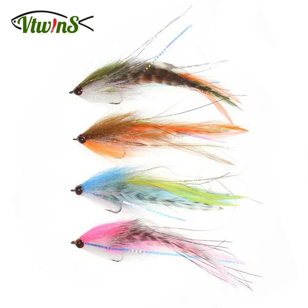 Vtwins 4PCS Saltwater Streamer Fly Grizzly Hackle EP Baitfish Fishing Flies Salmon Bass Pike Trout Fishing Artificial Lure Baits