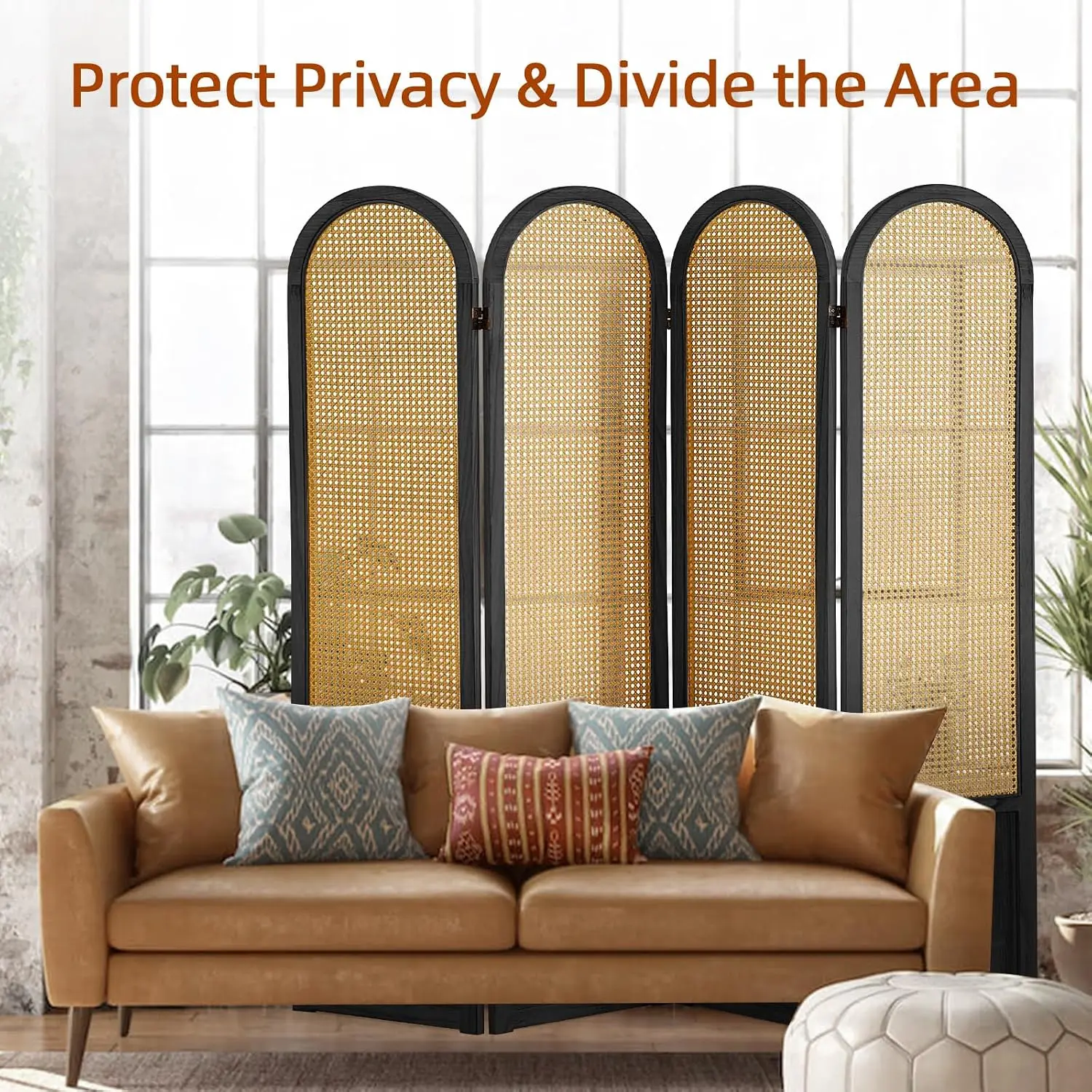 4 Panel Rattan Room Divider with Bi-Directional Hinge, Pre-Assembled Wood Folding Privacy Screen for Home Office Bedroom, Custom