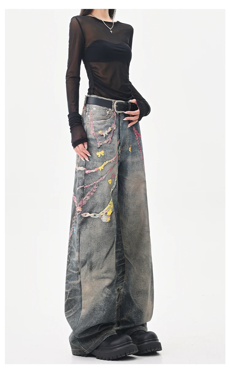 

Spring and Autumn New Women's Pants, American Retro Candy Colored Printed Jeans, Loose Straight Leg Wide Leg Pants