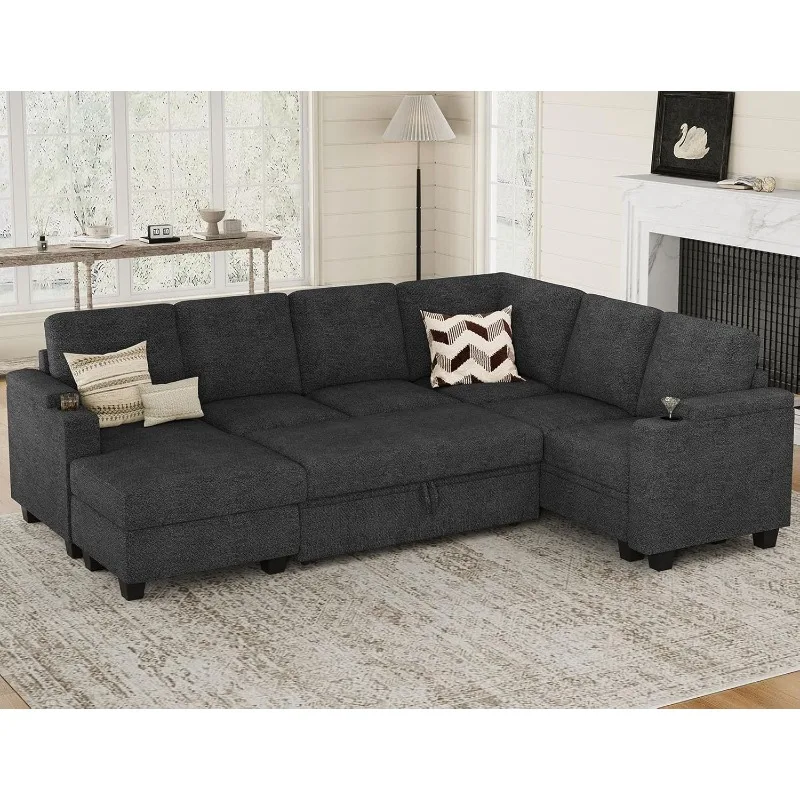 

Sleeper Sofa Modular Sectional Pull Out Couch Bed U Shaped Sofa Couch for Living Room with Storage Chaise. Dark Grey