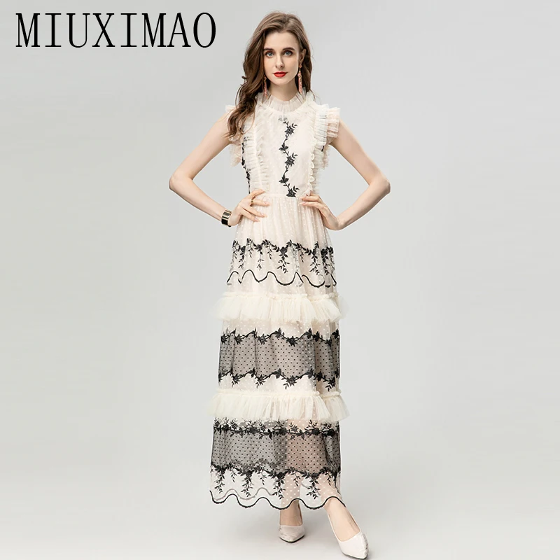 

MIUXIMAO 2024 Fashion Designer Summer Women's Dresses High Collar Draped Dot Cascading Ruffle Lace Slim Fit Long Dress