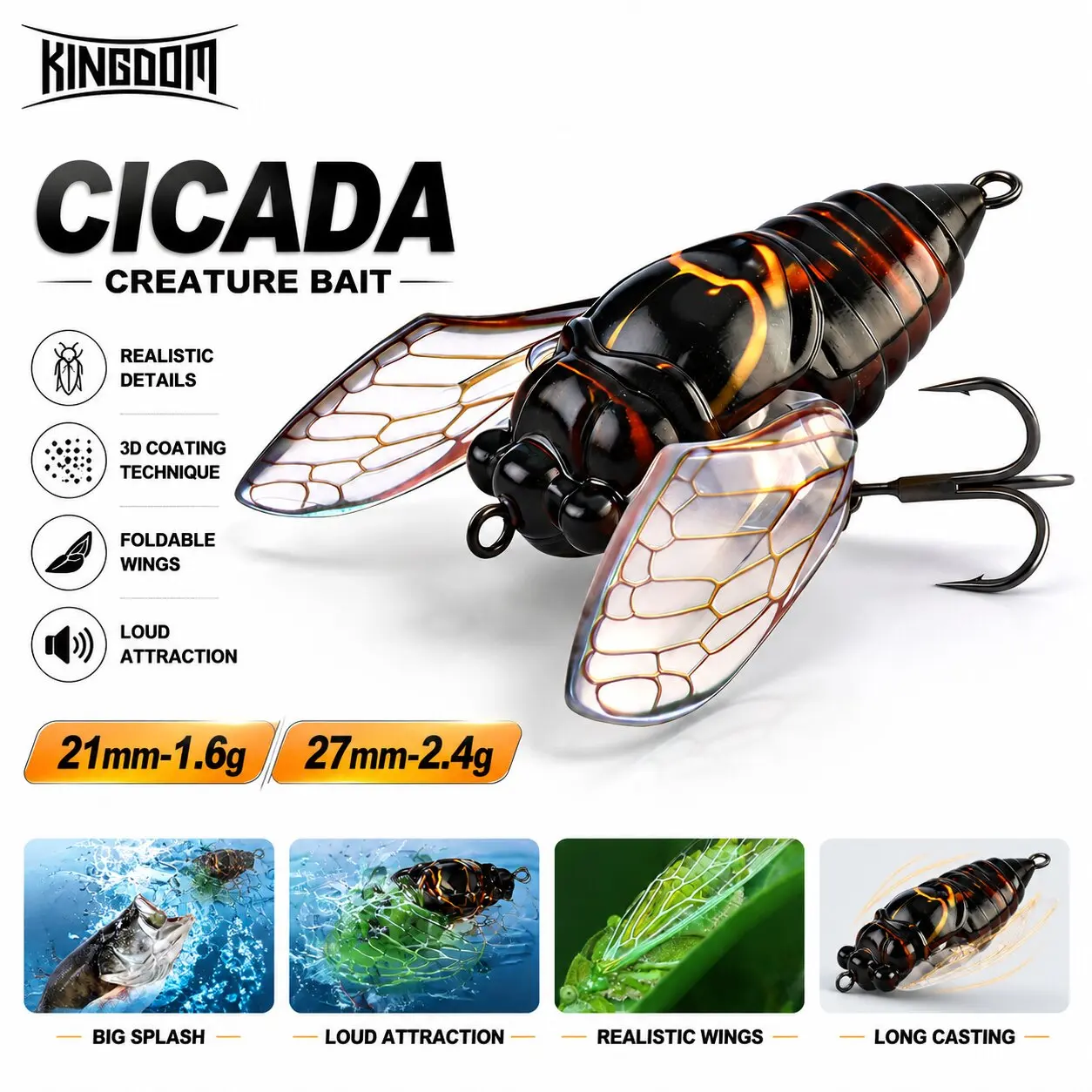 Nouvelle leurre de surface Cicada Kingdom 2026 avec ailes 21mm 1.6g 27mm 2.4g, leurre dur imitation insecte pour la pêche au bar en eau douce