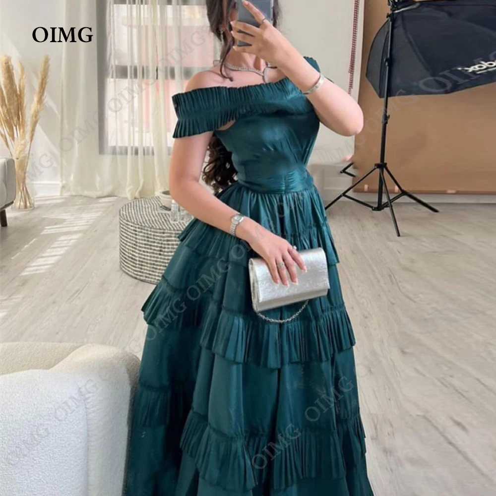 

OIMG Green Long Off Shoulder Evening Dresses فساتين السهرة A Line Satin Party Gowns Formal Night Club Dress Robe de soirée