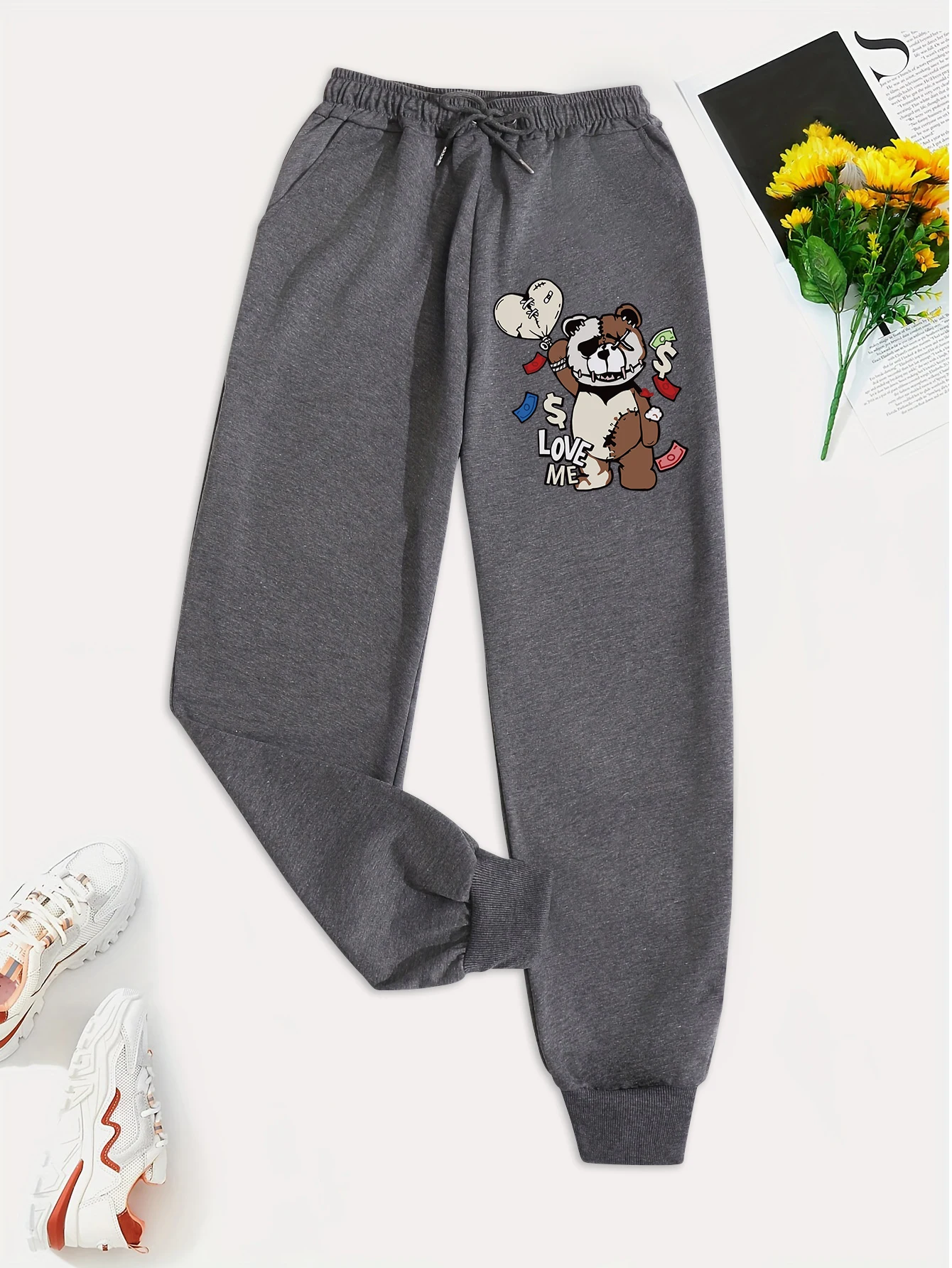 Puppet Bear Love Me Print Men'S Casual Basic Pants Versatile Pocket Trousers Fashion Trendy Street Hip Hop Sweatpants Male New