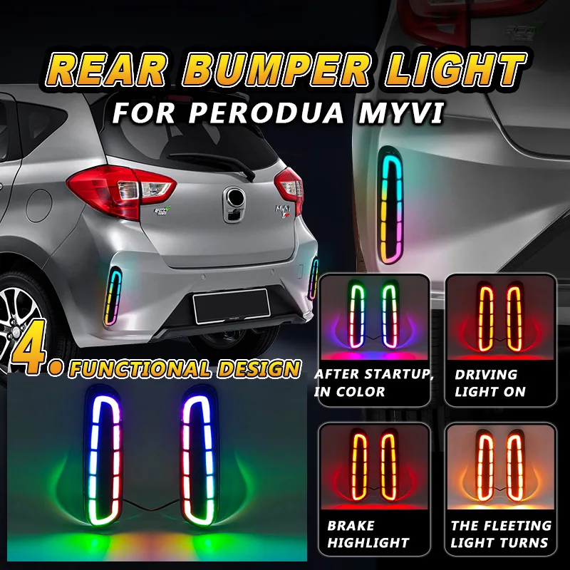 For Perodua Myvi LED Rear Bumper Reflector Light RGB Colorful Rear Fog Lamp Driving Brake Dynamic Turn Signal Tail Warning Lamp