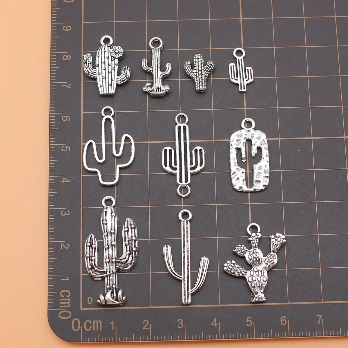 10pcs Antique Silver Color Cactus Charms Collection For DIY Jewelry Making, 10 Styles, 1 of Each