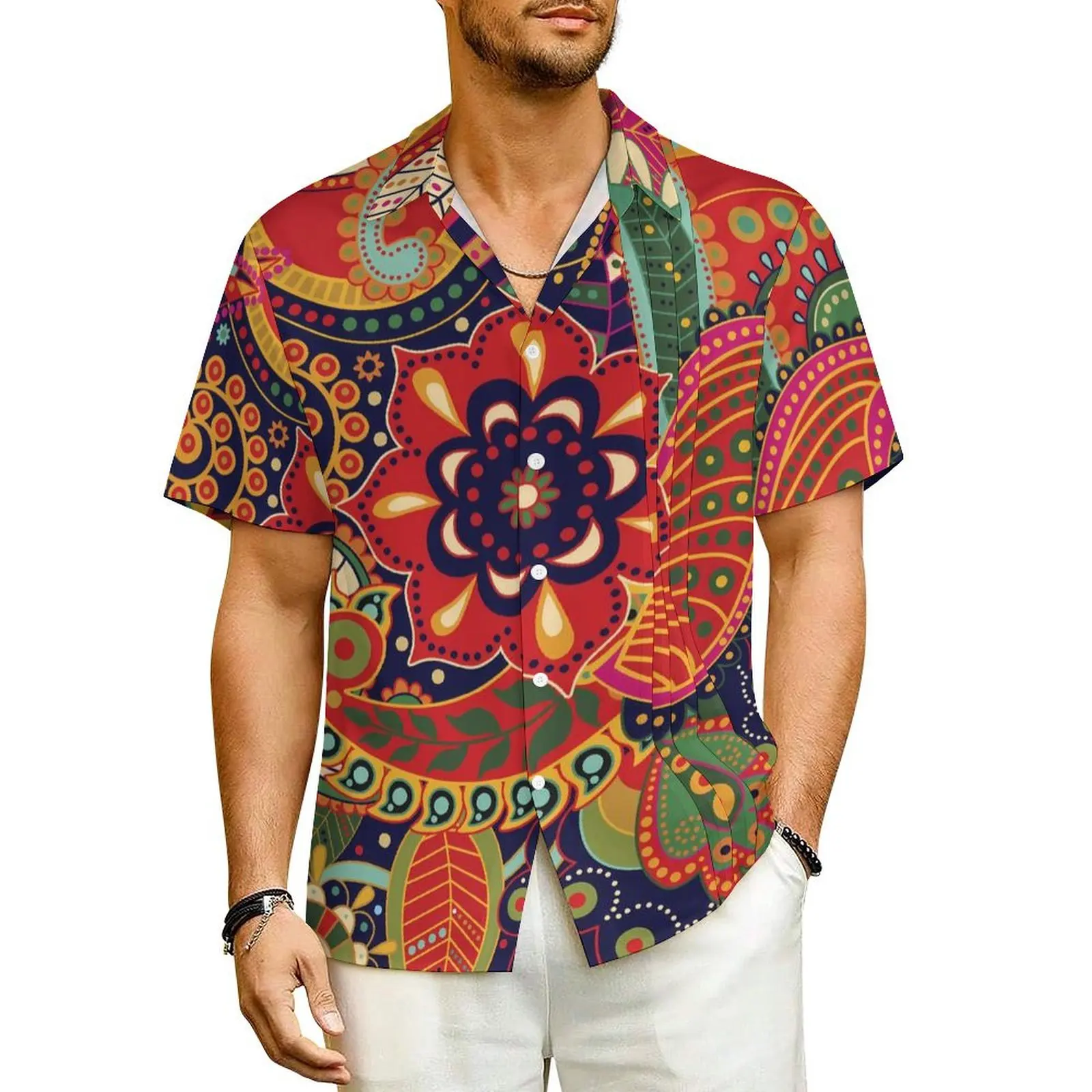 

Summer Shirt Beach Bright Paisley Print Blouses Flower Power Elegant Casual Shirts Man Short-Sleeve Streetwear Oversized Clothes