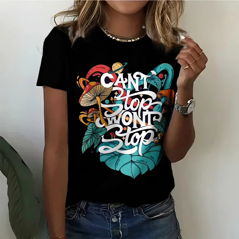 

Женская футболка с черным узором «Растение грибы» — повседневная модная удобная футболка в уличном стиле с коротким рукавом