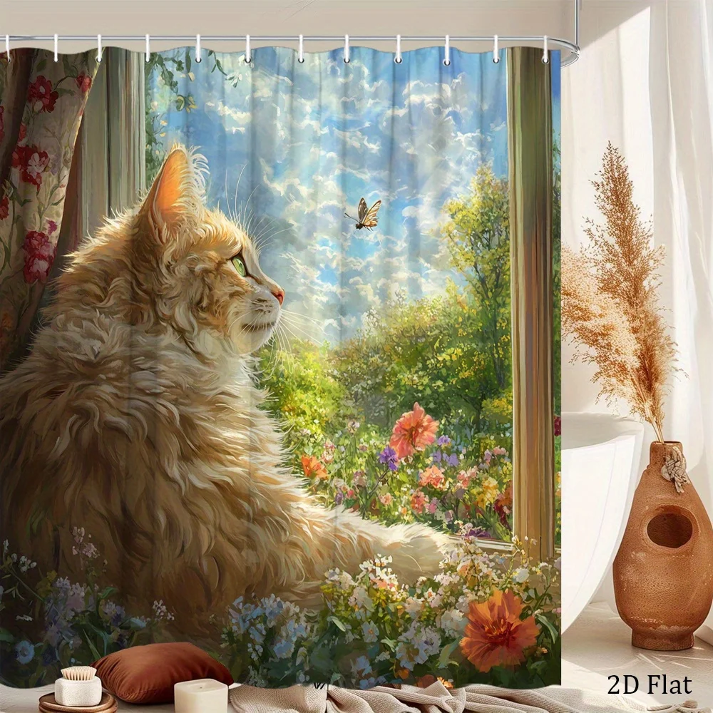 1pc 2D Flat Shower Curtain, Orange Tabby Cat Watching Butterfly by Sunlit Window Printed Shower Curtain, Decor for Bathroom