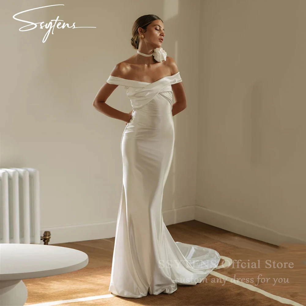 

SSYTENS Elegant Off the Shoulder Mermaid Wedding Dresses Sexy Satin Wedding Dresses Customized Sleeveless Israel Bridal Gowns