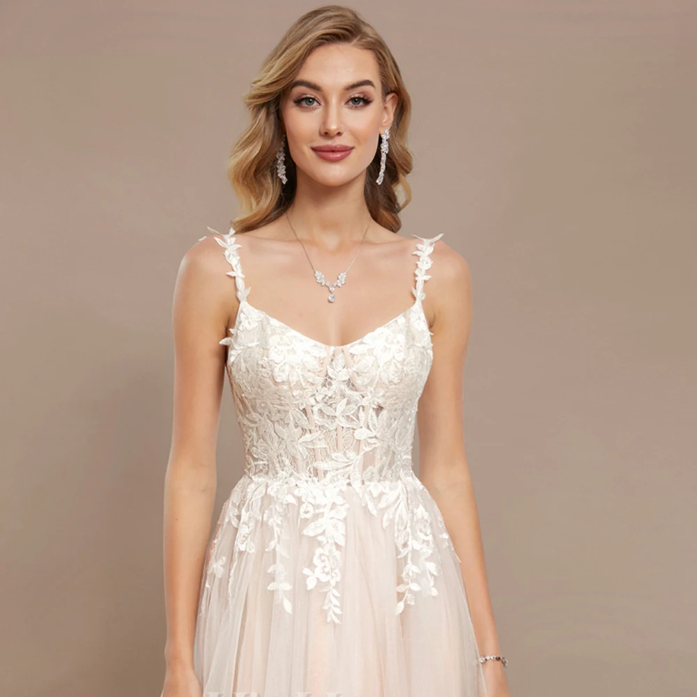 فساتين زفاف بأشرطة سباغيتي مخصصة على شكل حرف A فساتين زفاف مزينة بالزهور وسحاب سويب تراين فيستدو دي نوفيا