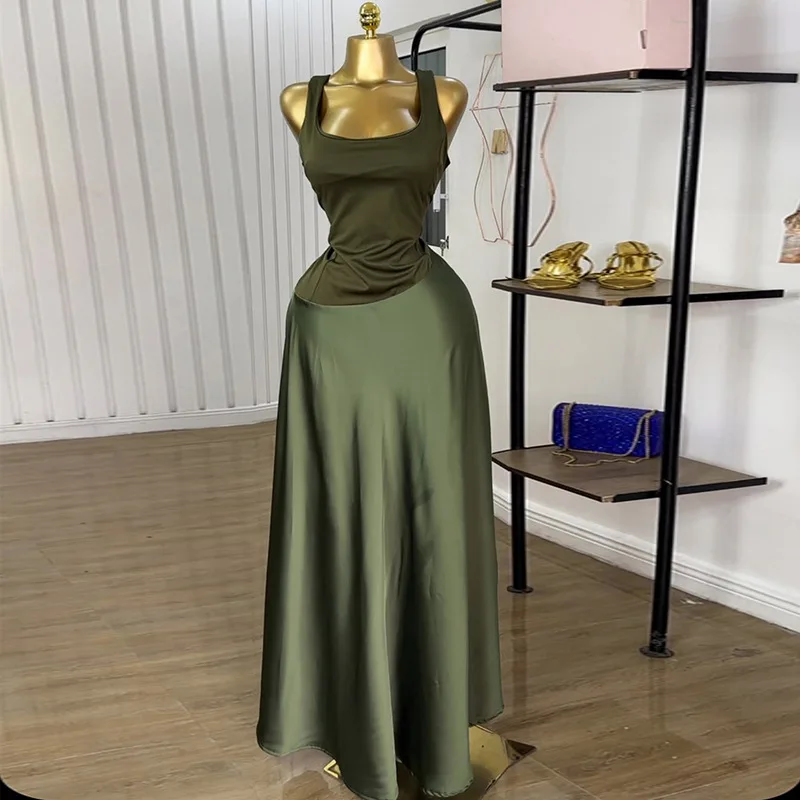 

New temperament square collar high waist slim and thin long suspender dress fashionable simple and versatile elegant holiday sty