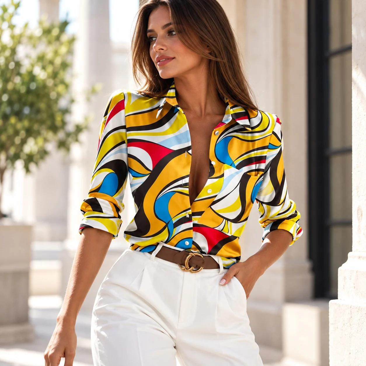 Long Sleeve Printed Blouses Commuter with Spliced Autumn V Neck Long Sleeve Shirt Elegant Commuter Elegant V Neck Women Shirt