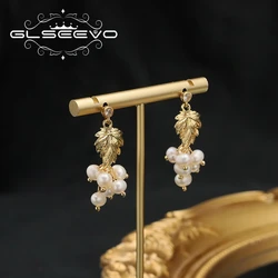 GLSEEVO Origina Plant Natural Fresh Water Pearl Drop Earrings Luxury Exquisite Hanging Leaves Jewelry Valentine's Day Gift