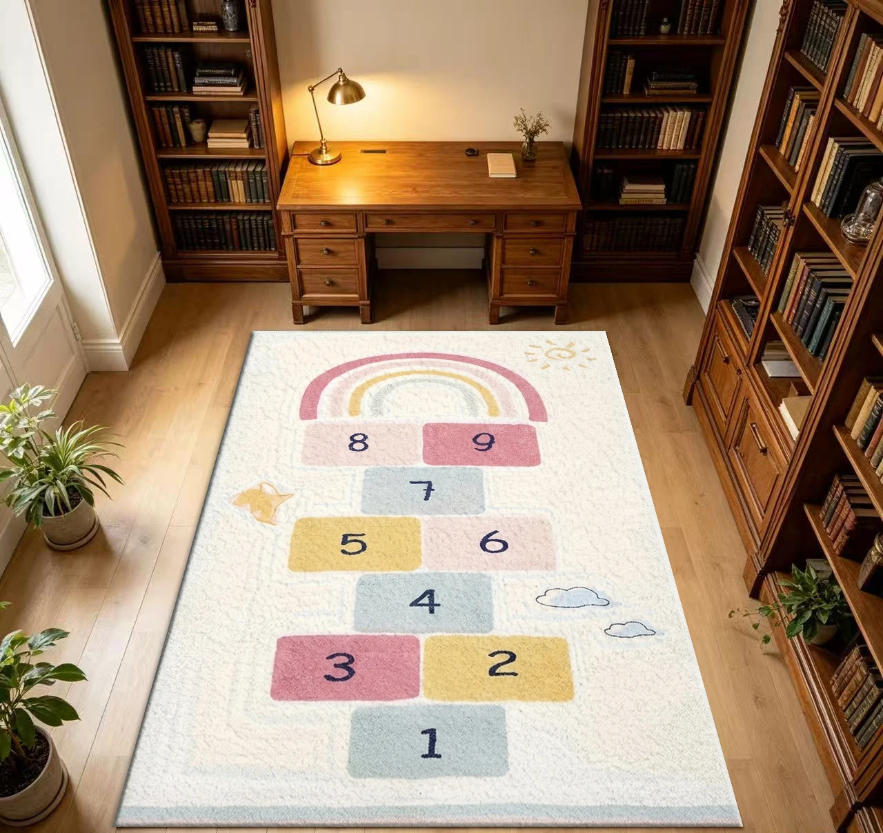 Kids Hopscotch Game Area Rug Colorful Number Rainbow Pattern Carpet Children Play Mat for Bedroom Playroom Home