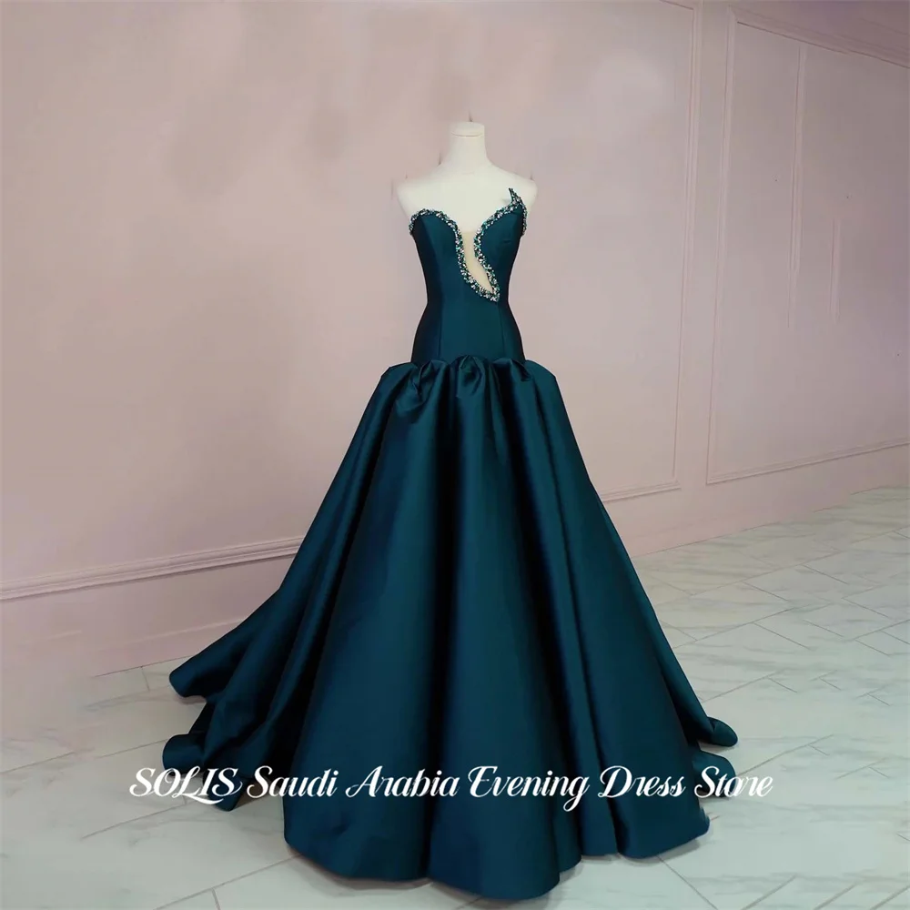 

SOLIS Emerald Green Party Dresses Strapless Sleeveless A Line Evening Dresses Satin فساتين السهرة Modest Customized