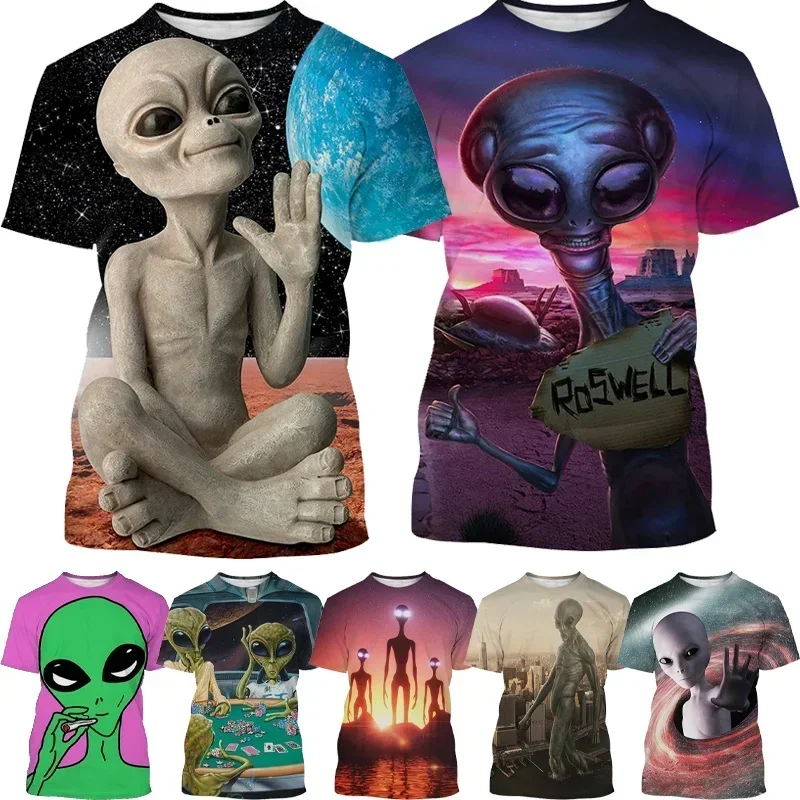 

Casual Short-sleeved Alien Funny Pattern T Shirt Men and Women Fashion Extraterrestrial 3D Printed Streetwear T Shirt Top