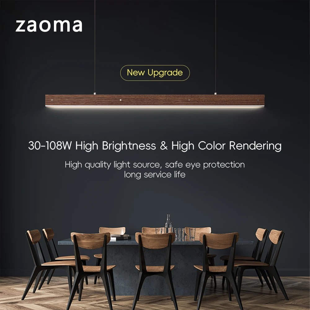 Customized 0.6-3M Wood Linear Pendant Light Upgraded Wood Long Strip Dining Table Lamp LED Alloy Pendant Light 3 Colors Eye Care