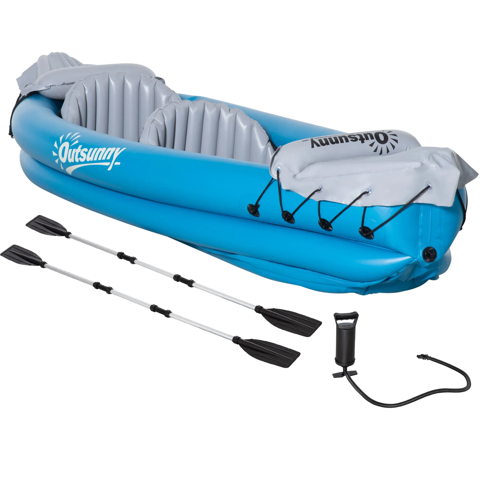 Outsunny Kayak Hinchable para 2 Personas con 2 Asientos 2 Remos Bomba y Kit de Reparación 330x105x50 cm Azul