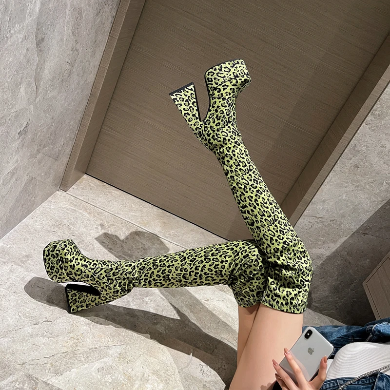 

Arden Furtado 2024 Winter Leopard print Elastic cloth Thigh high boots Square toe Platform Super high heel Slip-on Modern boots