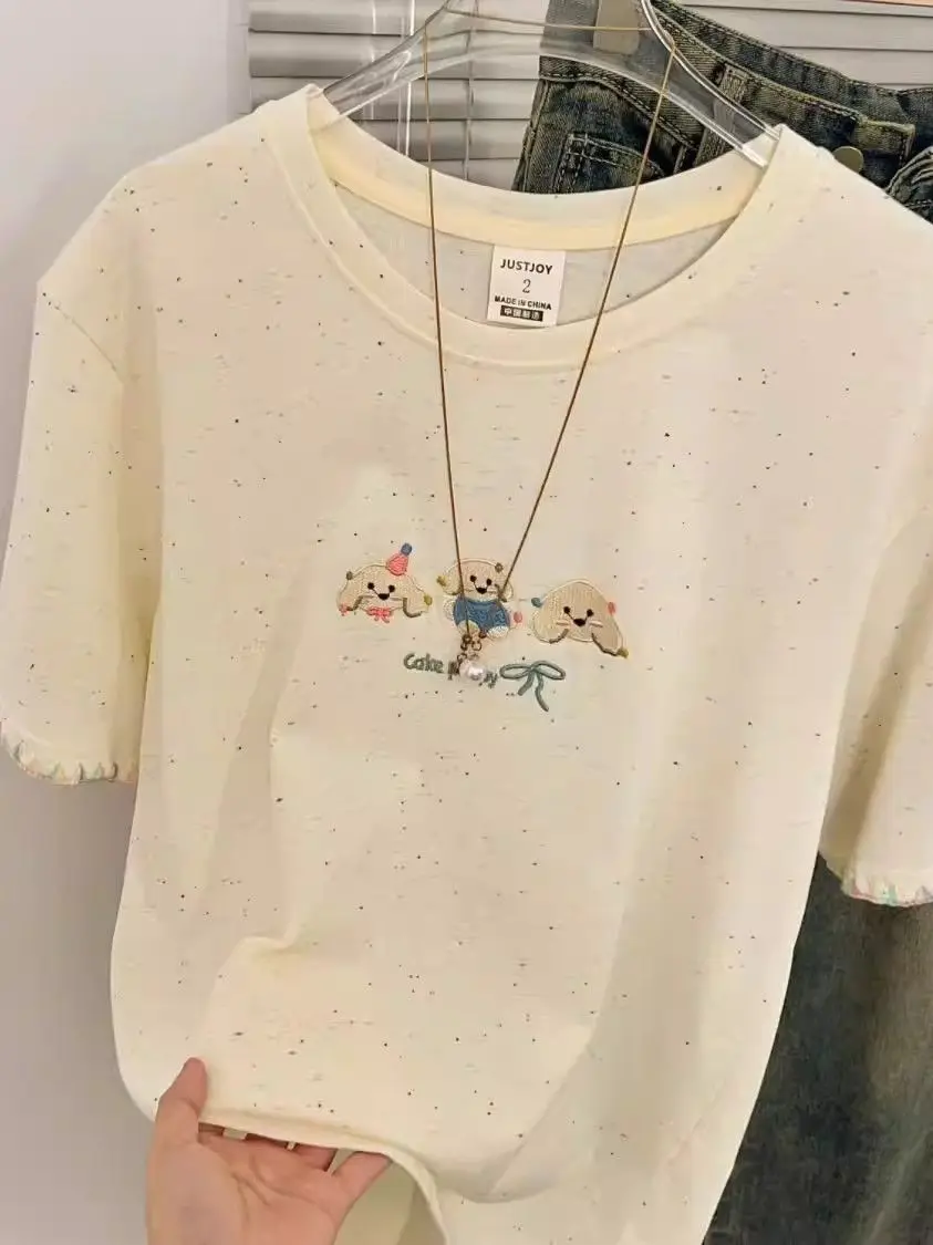 Summer Embroidered Pure Cotton Short Sleeve T-Shirt round Neck Heavy Work Craft Women's Casual Fashion Creative Pattern
