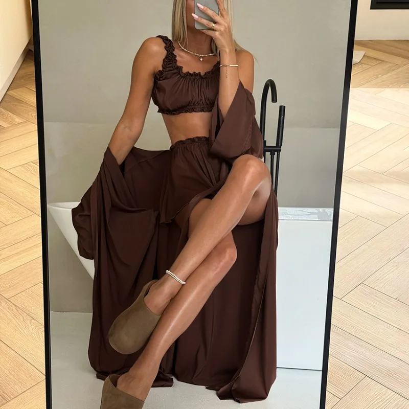Cross-border Satin Pajamas Women's Set 2026 Spring and Summer Fungus Edge Suspenders Shorts Three-piece Set Loungewear Nightgown