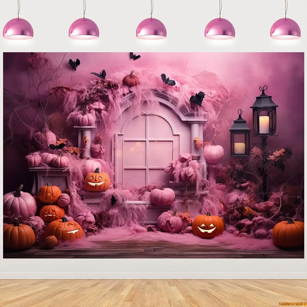 

Pink Halloween Theme Photography Backdrops Pumpkin Bat Castle Door Pink Girls Party Decor Portrait Photo Studio Background PU-01