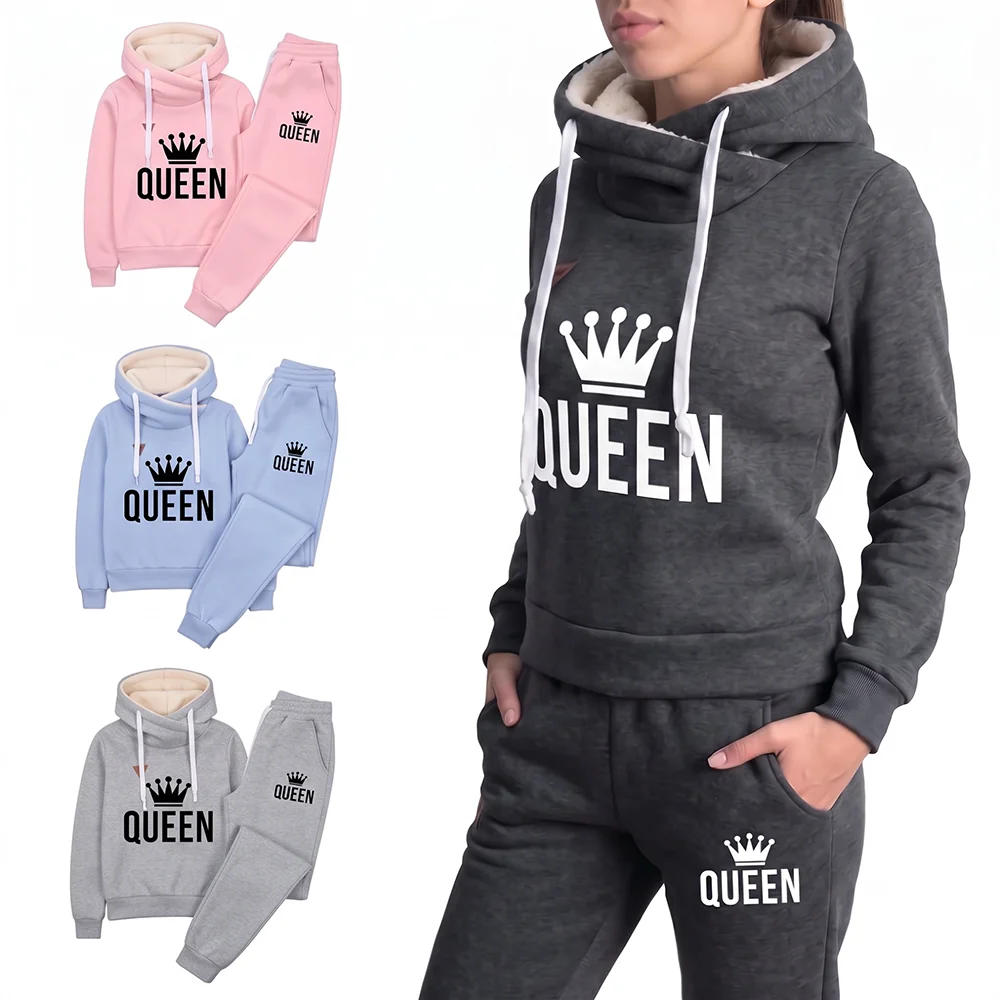 Winter Warm Women Tracksuit 2 Piece Set Thick Fleece Lined Hoodie and Sweatpants Queen Print Casual Sportswear Matching Suit