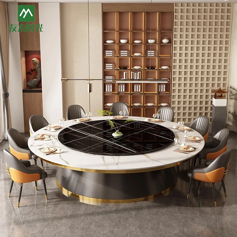 Restaurant Booth SetLight Luxury Style Hotel With Rock Slab Top, 20-Person Private Room, Club Large Round Table, Restaurant Aut