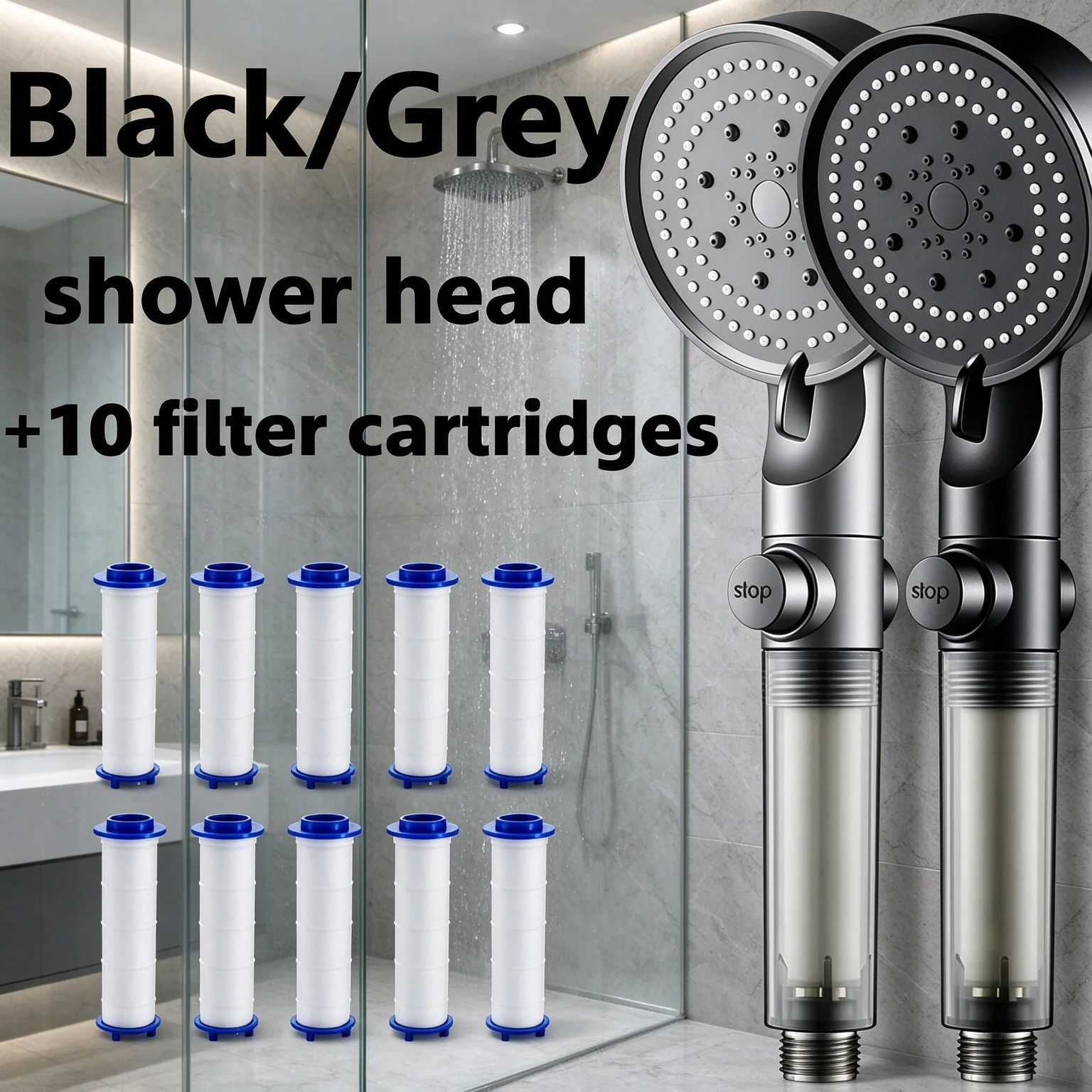 5 Modes Spray Handheld Shower Head Set with Built-In Filter & Flow Stop Switch Black Grey Finish 10 Replacement Cartridges