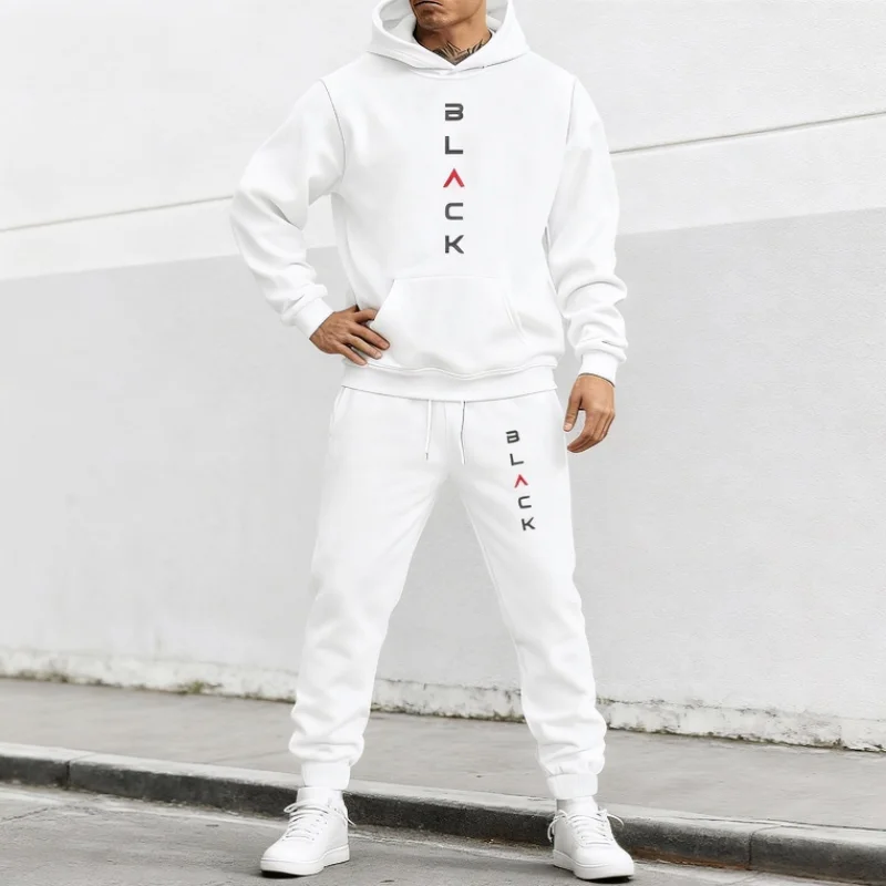 

Fall/Winter New Men's Fleece 2-Piece Set – Letter Print Hoodie & Pants with Multi-Pockets, Sporty Chic Casual Streetwear Suit