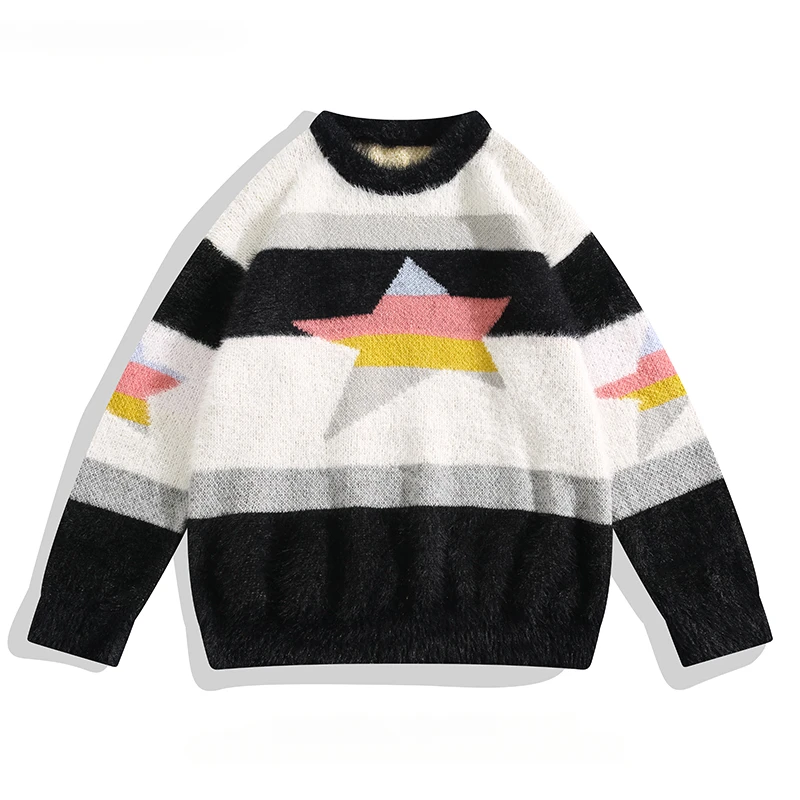 

Autumn Winter Mink Velvet Color Block Colorful Striped Star Sweater for Men's Youth Trend Brand Loose Versatile Knitted Pullover