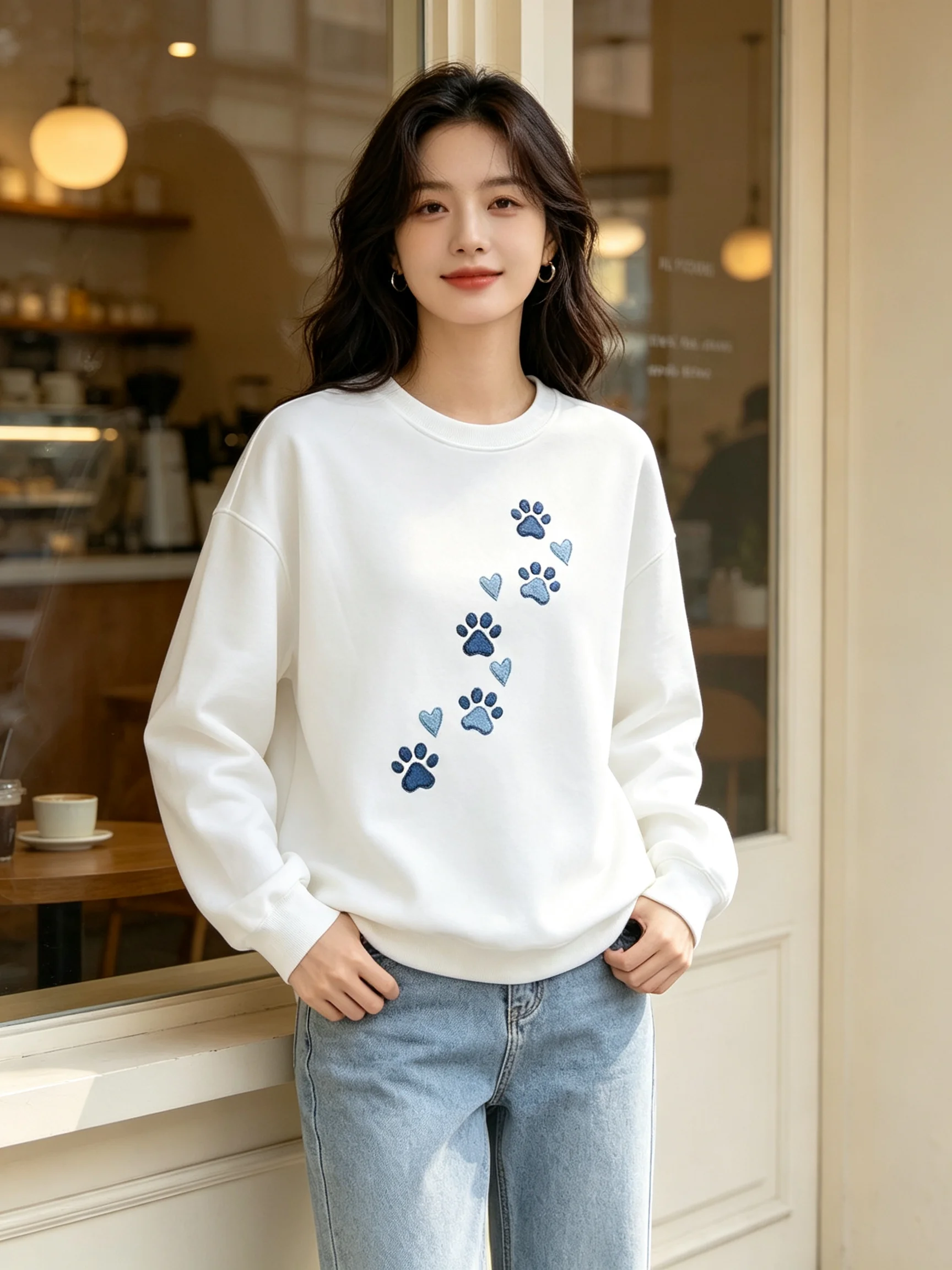 Women Crew Neck Sweatshirt Blue Dog Paw Print Heart Graphic Pullover Casual Loose Long Sleeve Pet Lover Daily Tops
