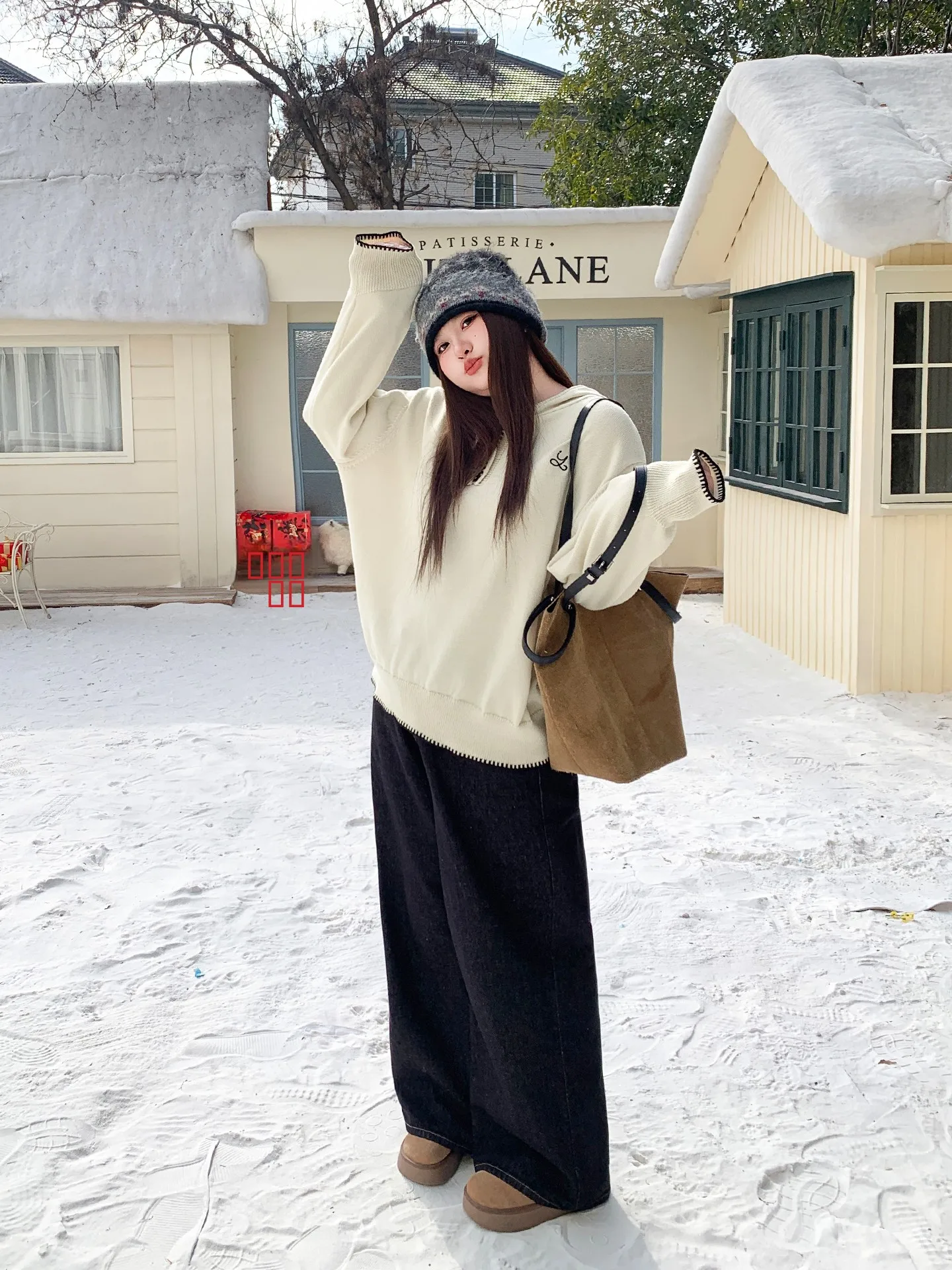 YUZI Fibone Knitted Hoodie Zipper Semi-unbuttoned Dstring Tonal  Soft Loose plus Size Women's Sweatirt