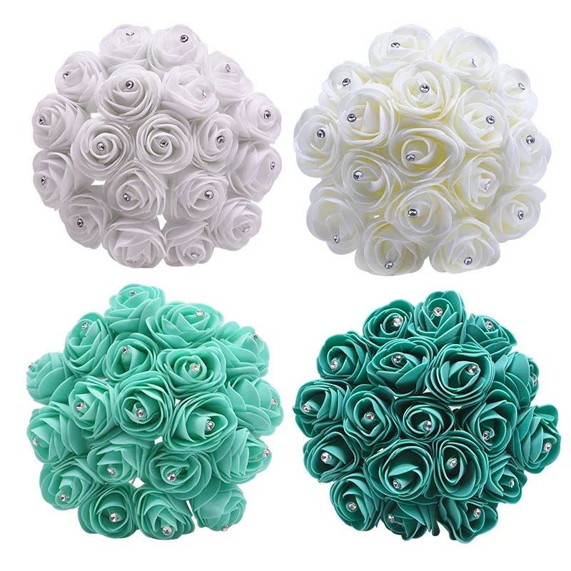 20pcs 5cm PE Foam Roses Bling Diamond Artificial Flowers DIY Bridal Bonquet Teal Flower Wedding Decoration Handmade Wreath Craft