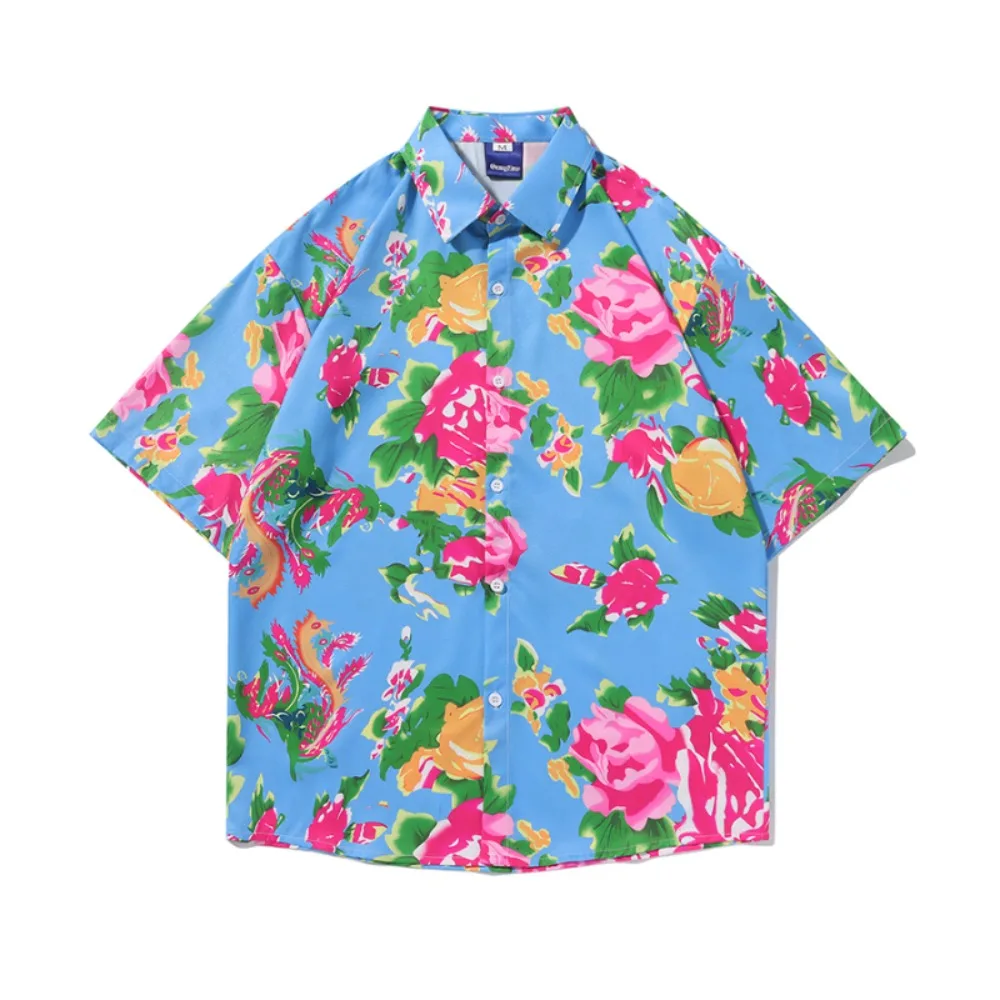 Floral Printing Men's Shirts Colorful Eye-catching Personality Loose Chinese Style Streetwear Single Breasted Unique New Young