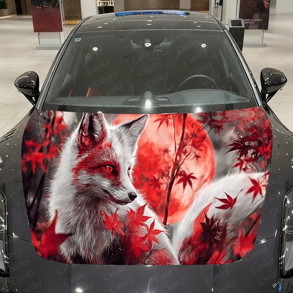 

diy Red Moon Fox Car Vinyl Wrap, PVC Waterproof Car Hood Sticker, Self-Adhesive Scratch-Resistant Stickers