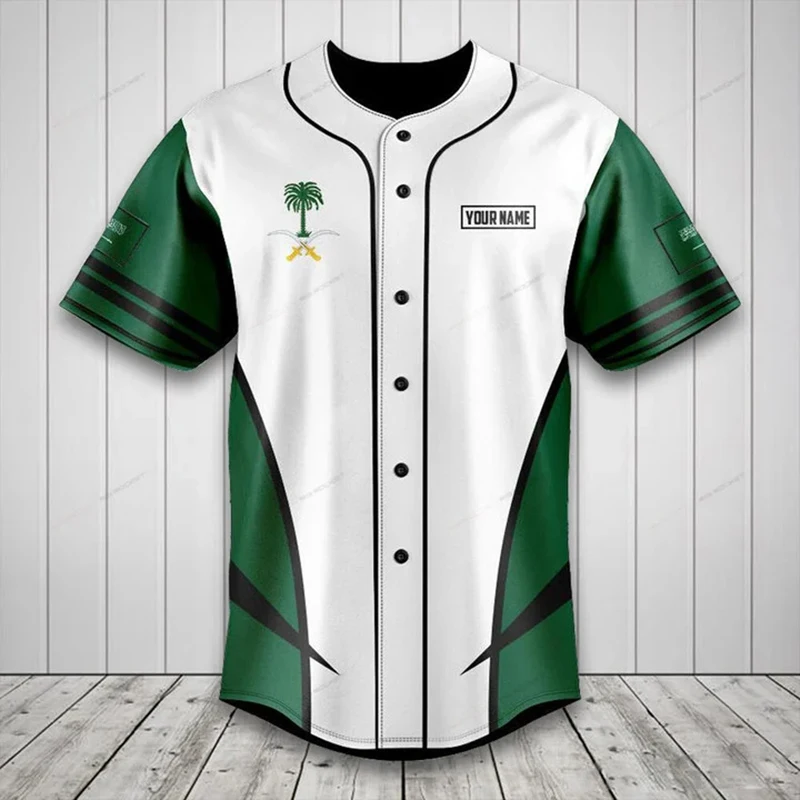 Custom Name Saudi Arabia Flag Graphic Button Shirt Summer Casual Men's Fashion Baseball Team Jersey Loose Short Sleeve Tops