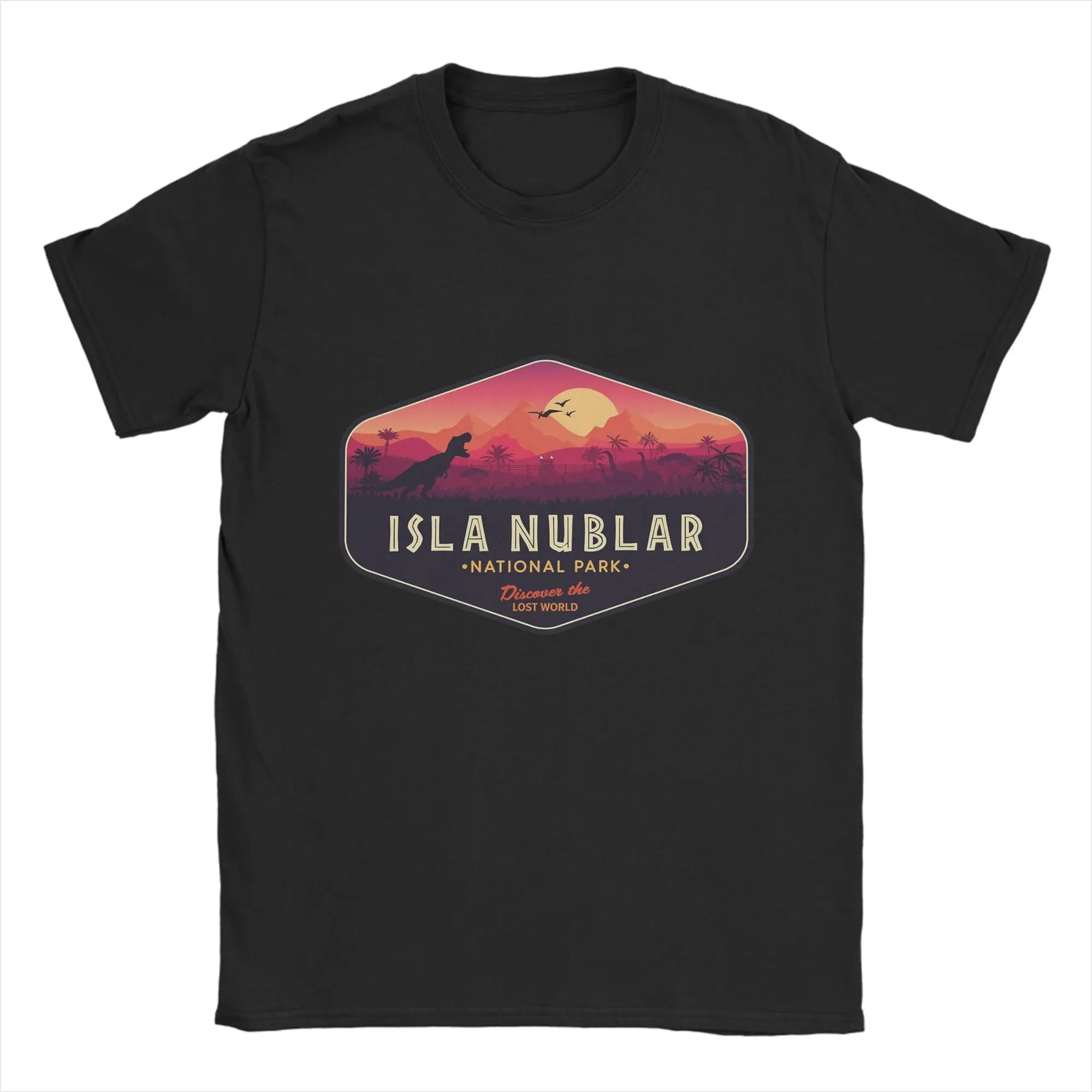 الرجال العالم الجوراسي Isla Nublar الحديقة الوطنية شارة تي شيرت ملابس قطنية نقية الجدة كم الياقة المستديرة تيز تي شيرت