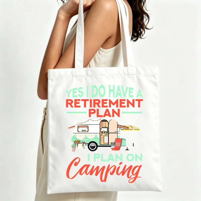 camping trailer graphic canvas tote bag with typography print, ideal for outdoor adventures and casual outings