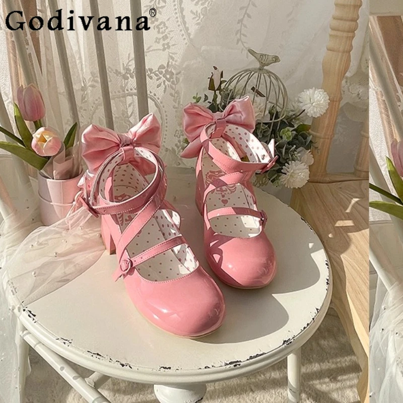 

Original Lolita Pink Elegant High Heels Japanese Women's Cute Bow Sweet Mary Jane Shoes Lady Flower Wedding High Heels Pumps