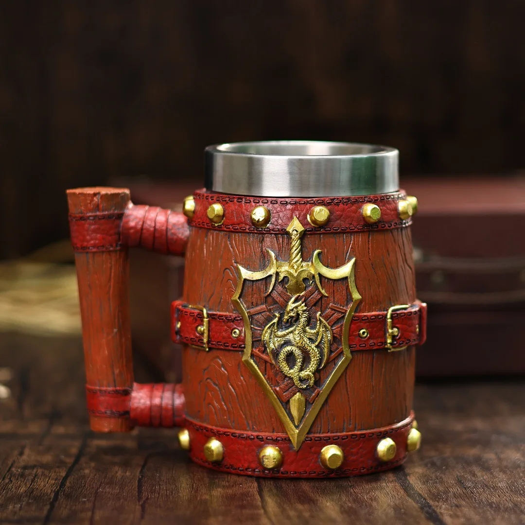 Dragon Wooden Mug 600ml 3D Medieval Bucket Resin Stainless Steel Beer Mugs Coffee Cup Tea Wine Mug Vintage Beer Gift New Man