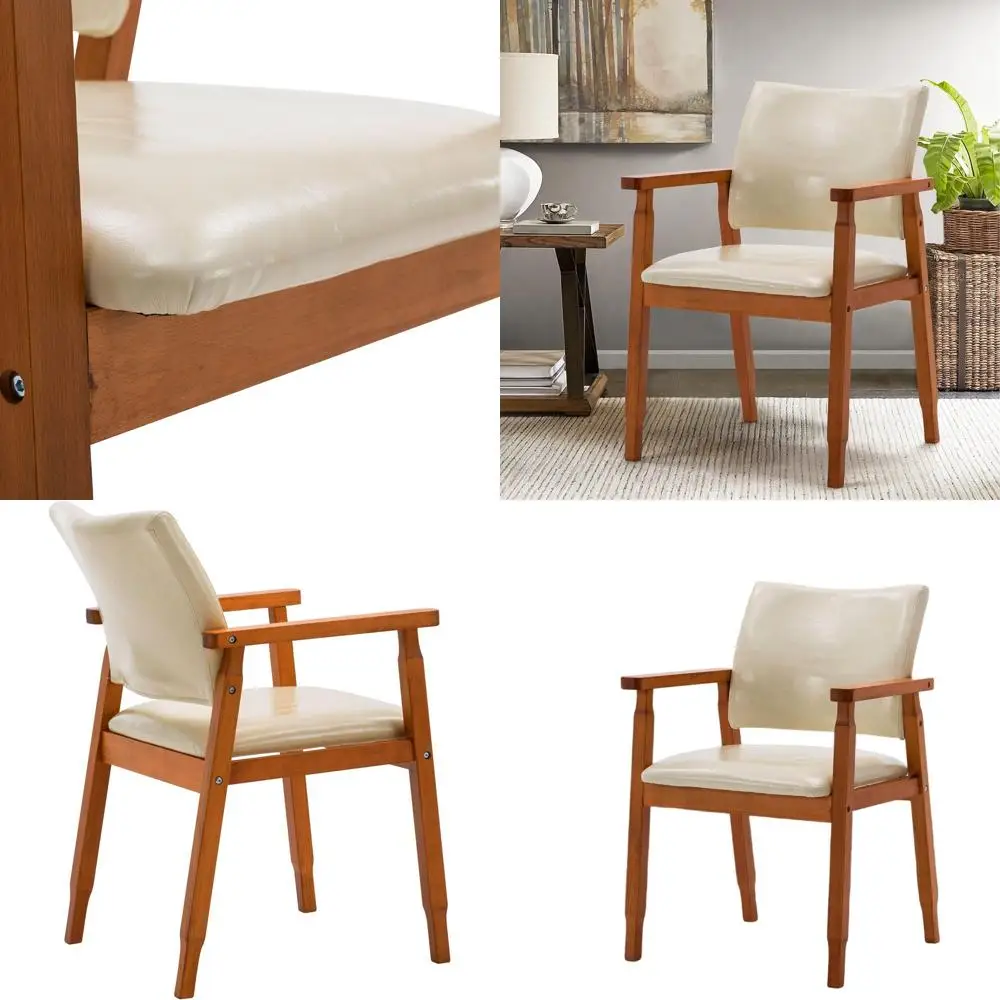 

NOB Mid-Century Dining Side Chair with Faux Leather Seat in Beige, handrail Chair