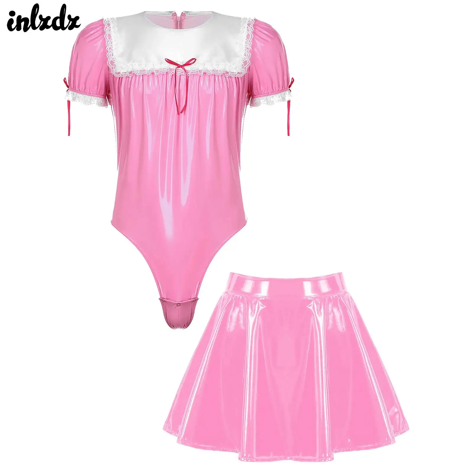 Mens Wet Look PVC Leather French Maid Cosplay Costume Sissy  Crossdresser Set Lace Trimed Leotard Bodysuit A-Line Flared Skirt