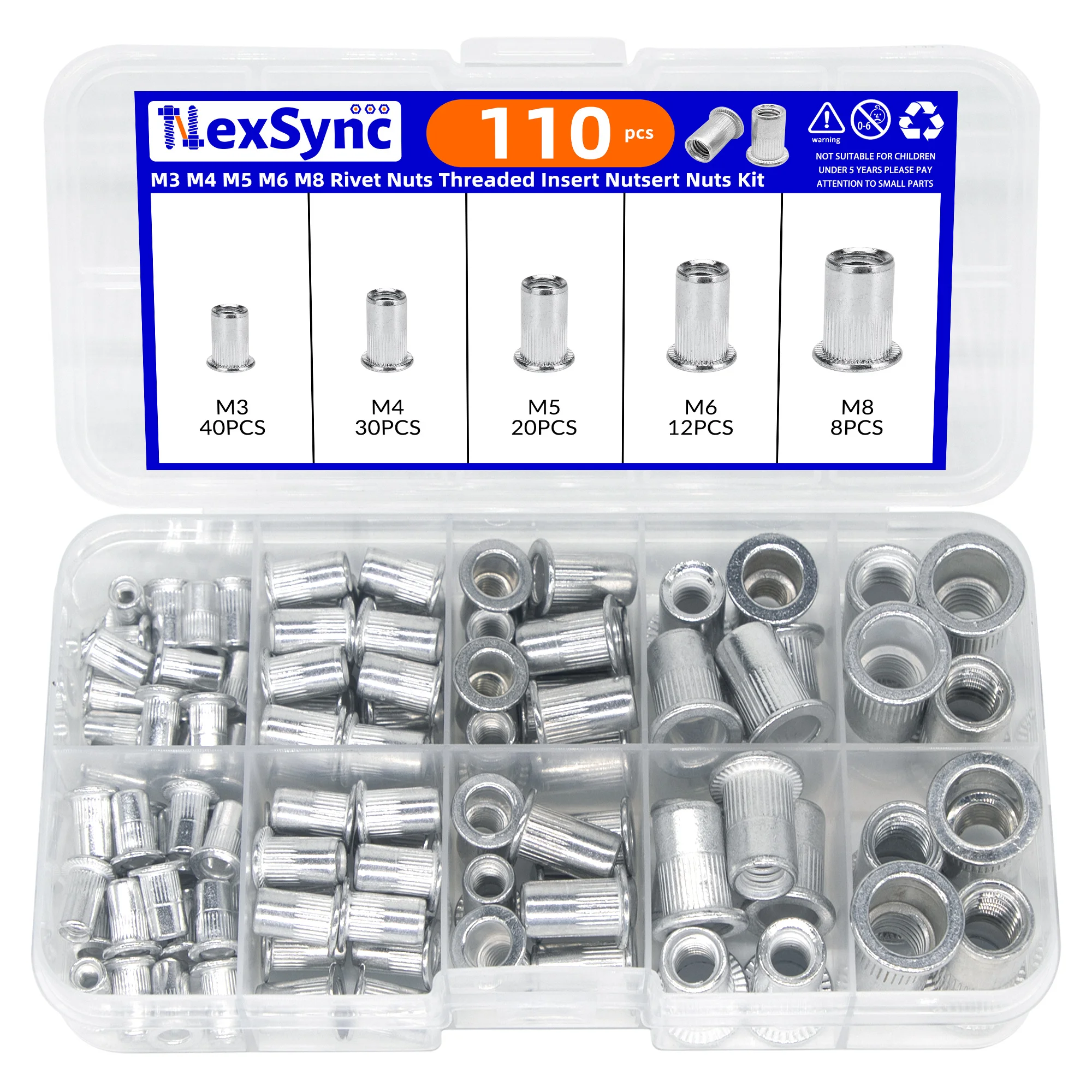 110PCS M3 M4 M5 M6 M8 Rivet Nuts Threaded Insert Nutsert Nuts Kit Threaded Inserts for Housings Panels