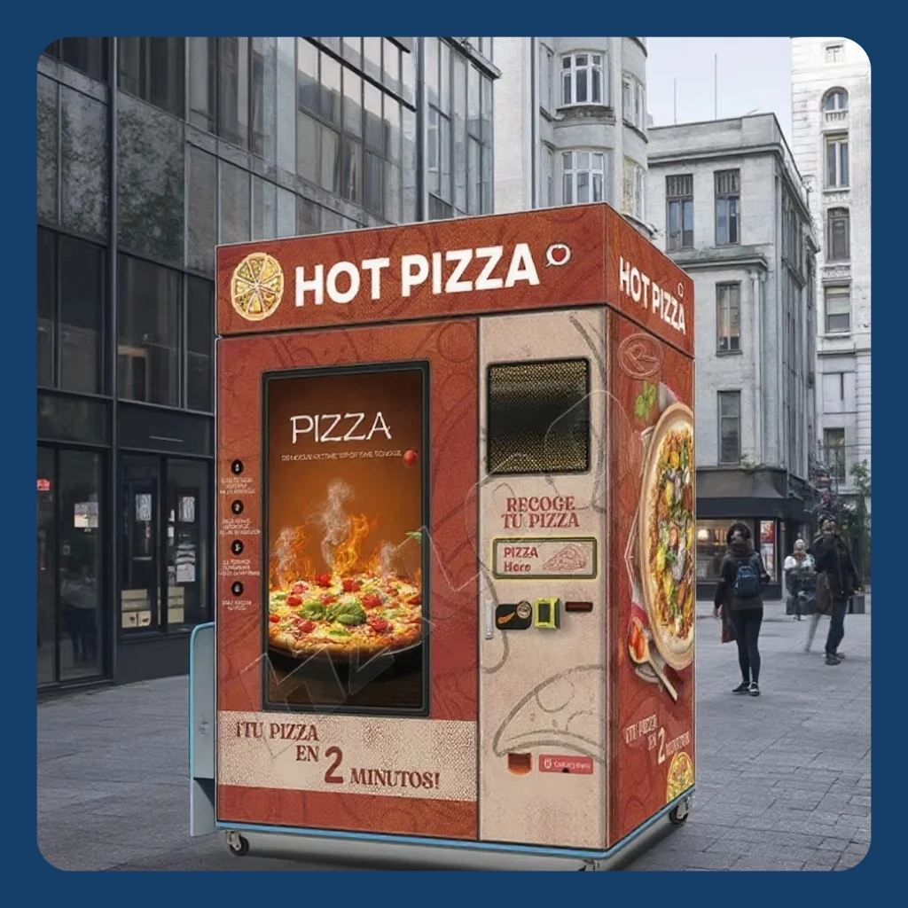 

Touch Screen Controlled Pizza Vending Machine Makes Fresh Pizzas Automatically with Glass Viewing Panel