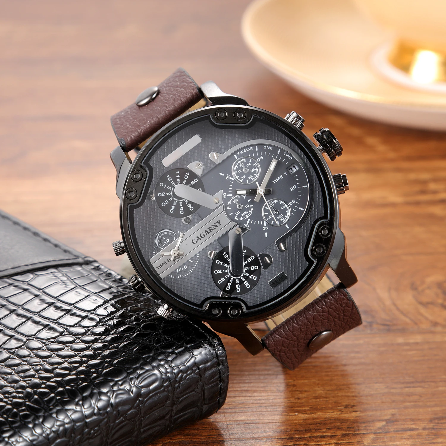 CAGARNY Original Brand Big dial 6820 dual time zone Leather Quartz Man Wristwatch Date Waterproof Fashion Casual Watches for Men