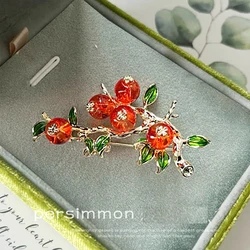 Lucky Orange Enamel Persimmon Brooches For Women Alloy Fruits Plant Casual Weddings Brooch Pins Chinese Style Party Jewelry Gift