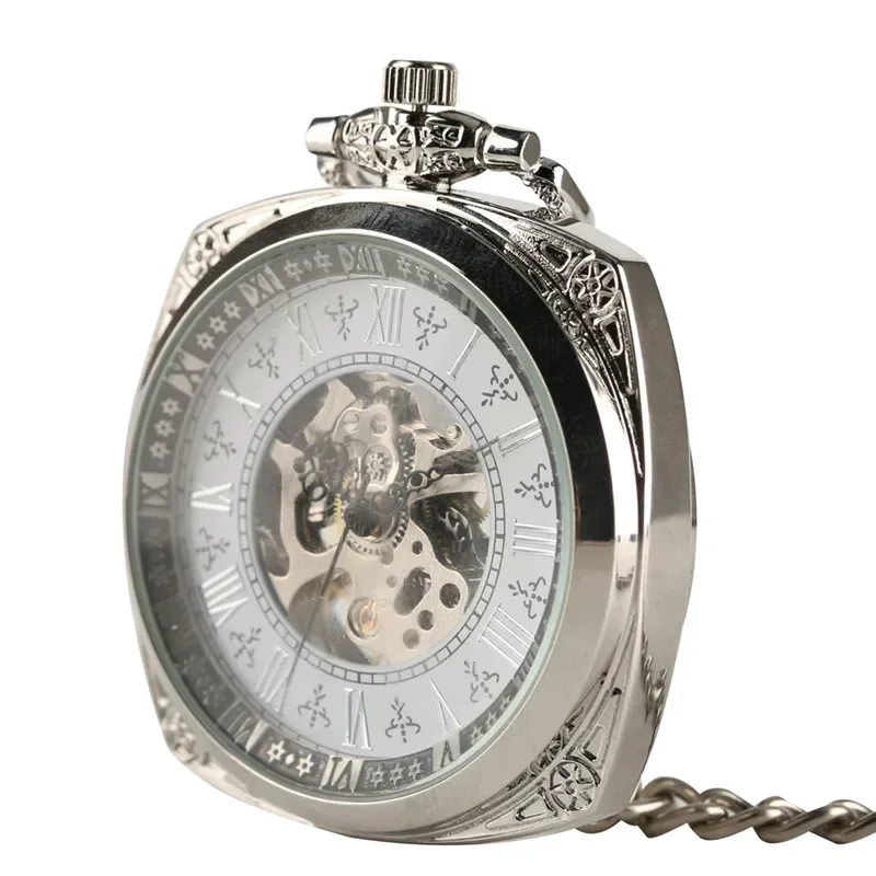 Retro Men Women Handwinding Mechanical Square Case Pocket Watch Skeleton Clock Pendant Chain FOB Watches Roman Numeral