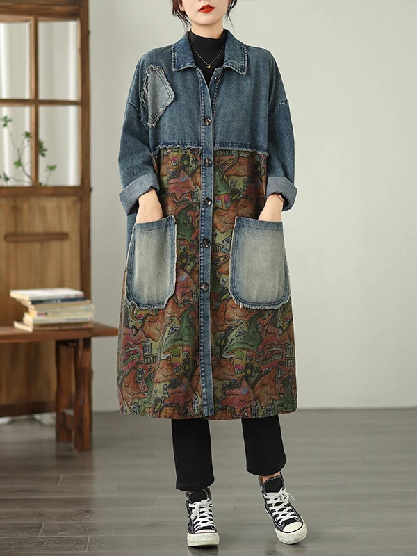 루즈 슬리밍 라지 사이즈 프린트 패치워크 싱글 버튼 미디엄 길이 데님 스타일 코트 가을 신상 여성 패션
